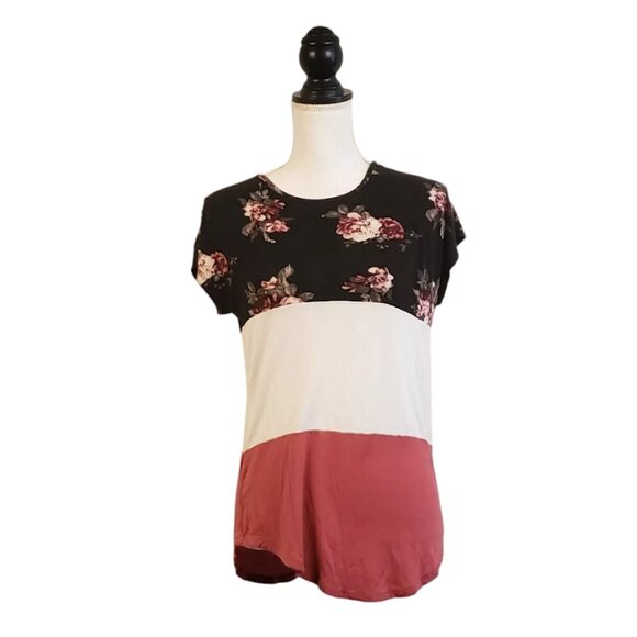 RUE 21 Top, Black White Pink Color Block Floral Rayon Short Sleeve Boho Casual S - Picture 2 of 10